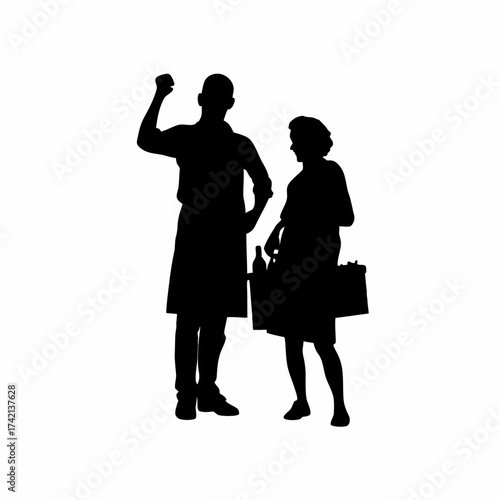 Silhouette of a customer bargaining with a shopkeeper isolated on white background