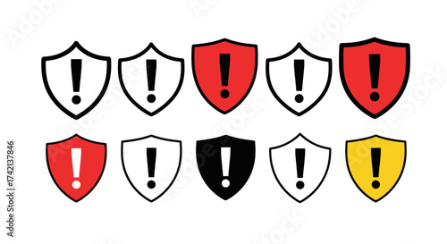 Collection of Shield Icons Featuring Exclamation Marks Indicating Security Alerts Warnings Danger and Cautionary Measures
