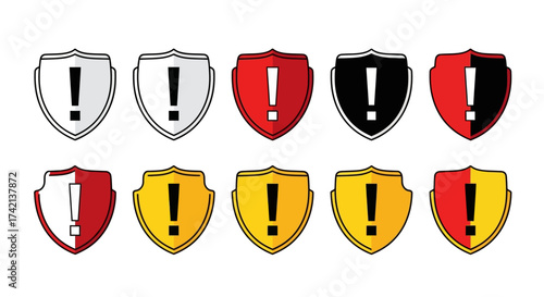 Collection of Shield Icons Featuring Exclamation Marks in Various Color Schemes Representing Alerts Warnings and Important Notifications