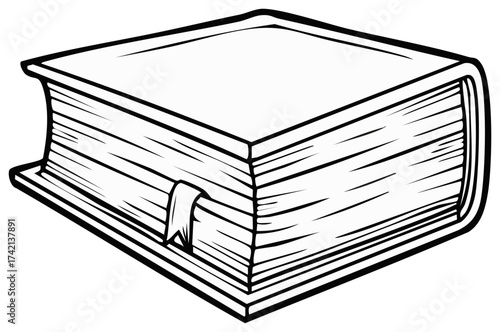 Black and white cartoon illustration of a thick hardcover book with a ribbon bookmark