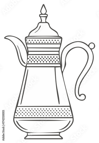 Ornate Traditional Arabic Dallah Coffee Pot Hand Drawn Outline Illustration