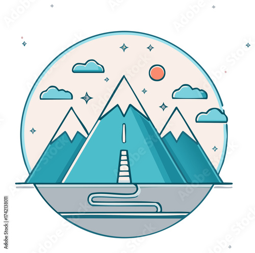 Illustration of mountains with a path leading up, clouds and a sunset, in a circle