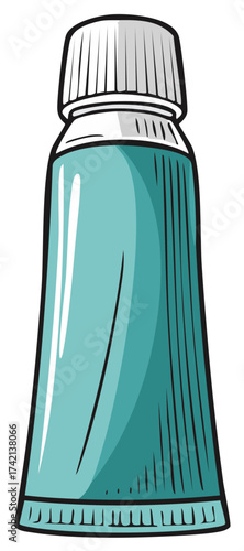 Stylized turquoise tube with a white ridged cap for paste or cream and a simple black outline illustration