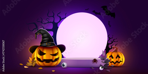 Halloween Product Display Podium with Jack-o-lanterns. Great for holiday promotions and spooky events. Vector illustration