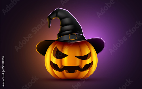 Spooky Halloween Pumpkin with witch Hat on a dark, gradient background, featuring a glowing evil face. Vector illustration.