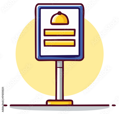 Cartoon style restaurant menu board icon with a cloche symbol for dining service information
