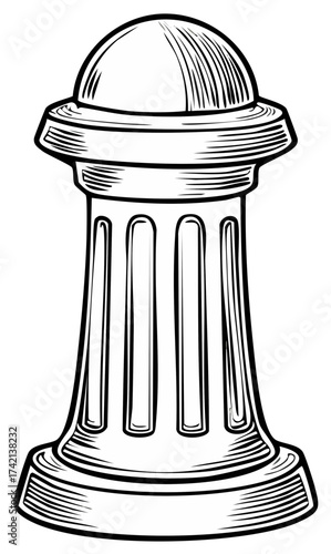 Classic street bollard with an ornate design in a vintage engraving line art style