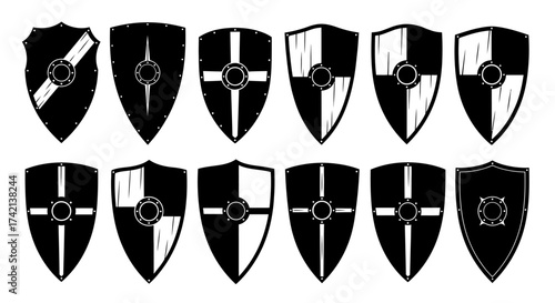 A Collection of Diverse Medieval Shield Designs Showcasing Various Heraldic Patterns and Shapes for Historical or Fantasy Applications