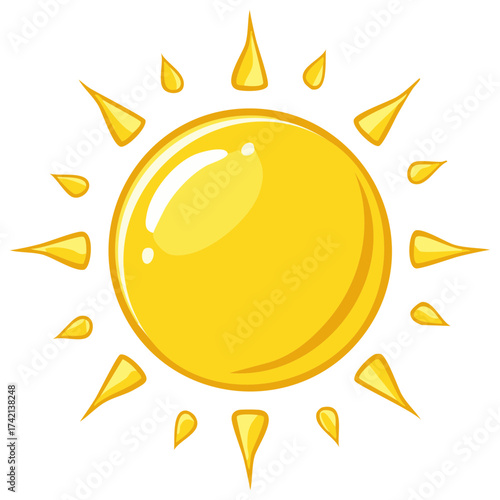 Bright cartoon sun with pointy rays radiating warmth and light on a white background