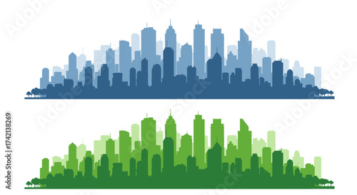 Modern City Skylines in Blue and Green Silhouettes for Urban Design Concepts