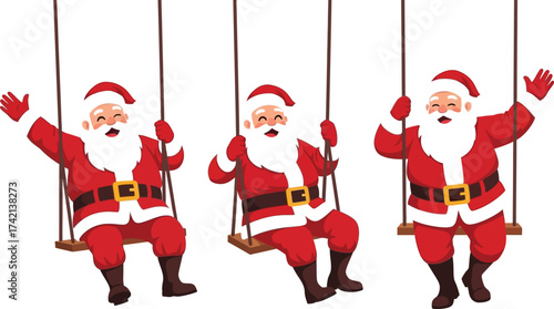 Jolly Santa Clauses enjoying a playful swing ride together with festive joy