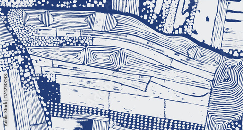 Hand drawn Japanese inspired map top view showing stylized rice fields and terrain lines. Minimal indigo and white illustration evoking traditional woodblock and textile art.