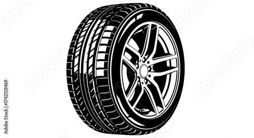 High Performance All Season Radial Tire Tread Pattern and Alloy Wheel Rim Design Isolated on White Background for Automotive Industry Applications