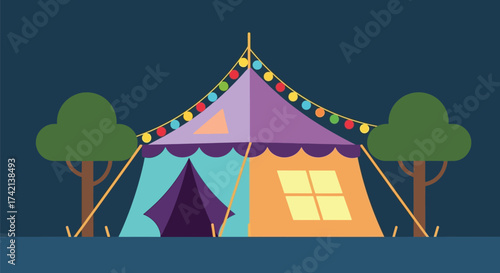 Vibrant, colorful tent illuminated with festive lights under a dark night sky.