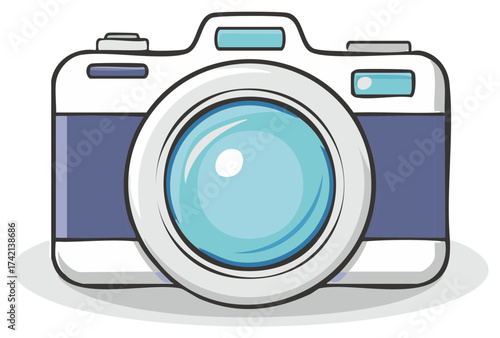 Stylized cartoon of a digital camera with a blue lens and purple body