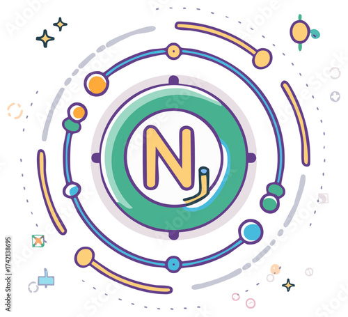 Abstract illustration of nitrogen atom molecule with orbiting electrons and scientific elements