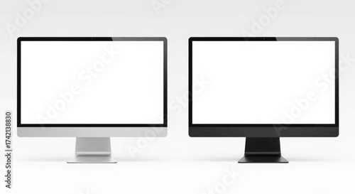 Two Modern Desktop Computers Displaying Blank White Screens on a White Background for Product Mockups