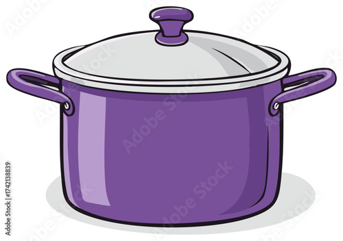 Vibrant purple cooking pot with lid cartoon illustration kitchen utensil cookware object