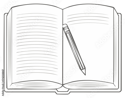 Open Book with Lined Pages and Pencil Ready for Writing Illustration Drawing
