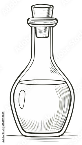 Hand drawn sketch illustration of a vintage glass potion bottle with a cork stopper