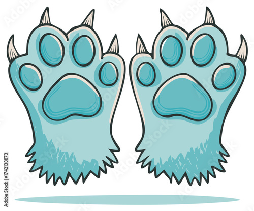 Cartoon Style Blue Paw Prints with Sharp Claws and Furry Edges