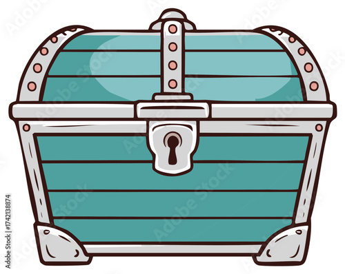 Closed wooden pirate treasure chest with metal lock cartoon illustration