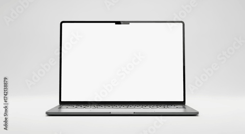 Sleek Modern Laptop Computer with Blank White Screen Displaying a Clean and Minimalist Design Against a Soft Gray Background
