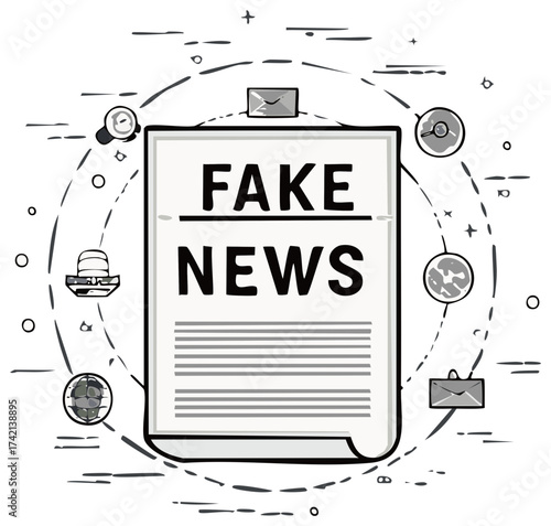 Fake news concept illustration with newspaper headline and global media icons