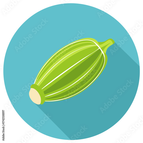 Stylized green vegetable with white stripes and a beige stem on a turquoise background with a shadow