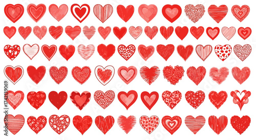 A Generous Assortment of Red Hearts in Various Artistic Styles and Textures Perfect for Romantic Themes and Celebrations