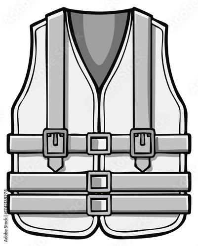 Simplified white personal flotation device or life jacket with gray straps and buckles