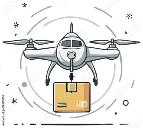 Cartoon Drone Delivering Package in Trendy Line Art Style Illustration