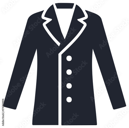 Stylized illustration of a dark navy coat with buttons and white detailing on a transparent background
