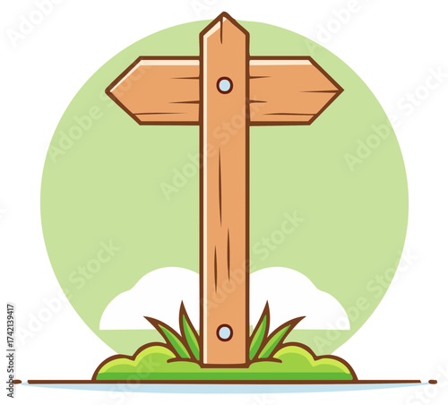 Whimsical wooden signpost directing traffic with arrows against a dreamy green background