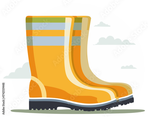 Bright yellow rubber rain boots with colorful stripes for wet weather protection
