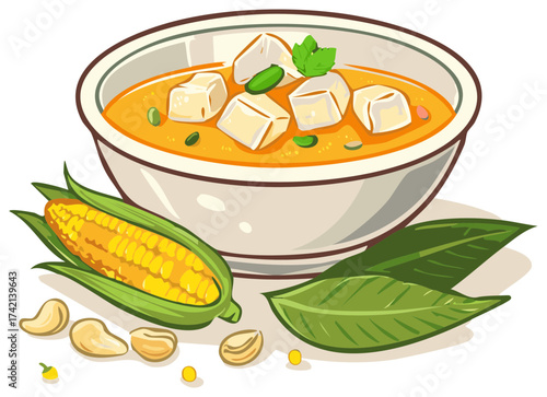 Illustration of a bowl of soup with tofu, corn, cashew nuts and green leaves.
