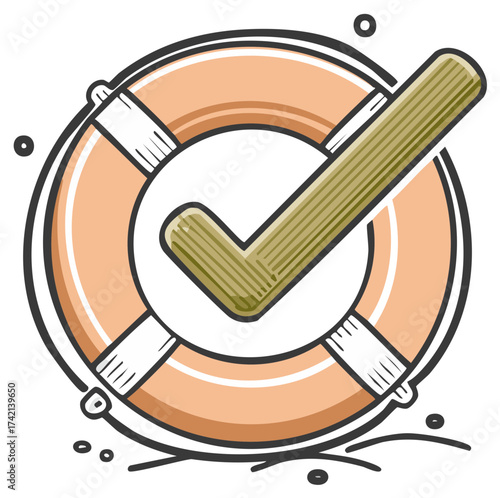 Cartoon lifebuoy icon with check mark, safe and secure symbol.