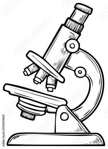Scientific laboratory microscope in a vintage hand drawn sketch style