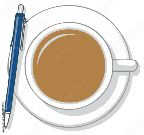 Coffee cup and pen illustration. Overhead view of coffee on a saucer and a pen.