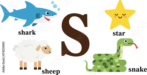 Playful cartoon alphabet with letter S and animals for children's education
