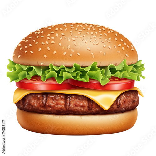 Delicious juicy hamburger with sesame seed bun fresh lettuce tomato and melted cheese isolated on white background