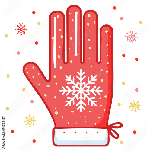 Cute cartoon illustration of a festive red winter glove with a snowflake pattern
