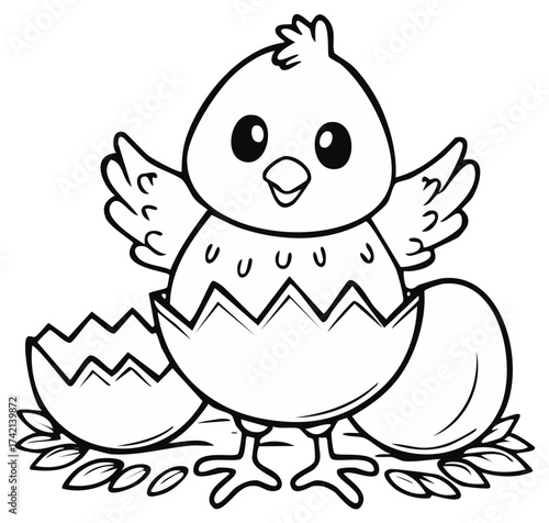 Cartoon chick hatching from egg, springtime scene in black and white