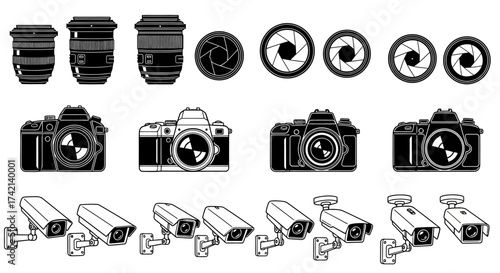Illustrations of Vintage and Modern Cameras along with Security Surveillance Devices and Camera Lenses