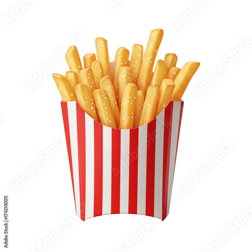 A delicious serving of golden french fries generously sprinkled with salt in a classic red and white striped paper container isolated on white background