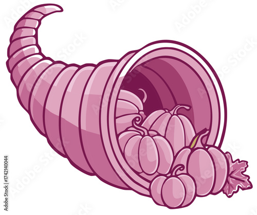 Vibrant pink horn of plenty overflowing with harvest pumpkins and autumn leaf illustration
