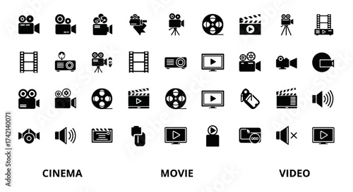 Collection of Cinema Movie Video Icons Representing Film Production and Entertainment Concepts
