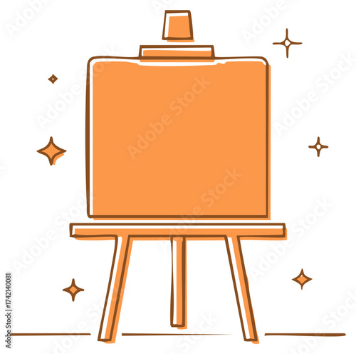 Orange artist easel with sparkles in a simple line art style
