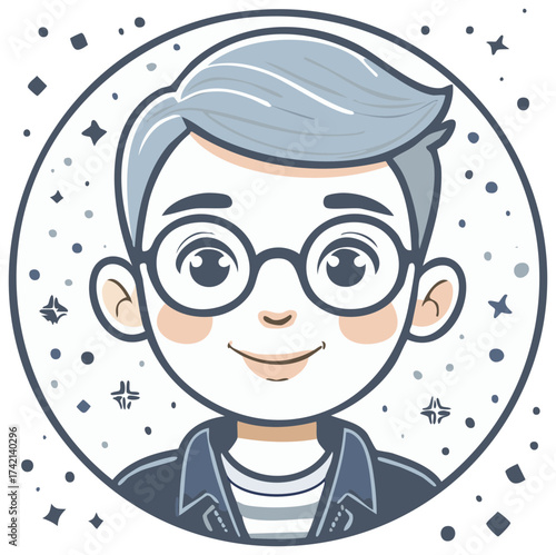 Cartoon Boy with Glasses Smiling and Starbursts in Circle