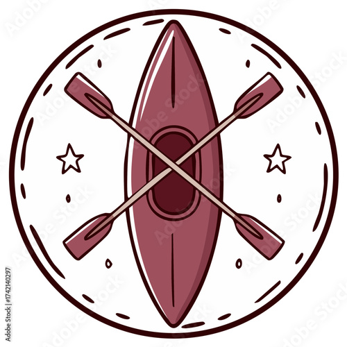 Adventures Await River Kayaking Emblem with Paddle and Stars in Earthy Tones